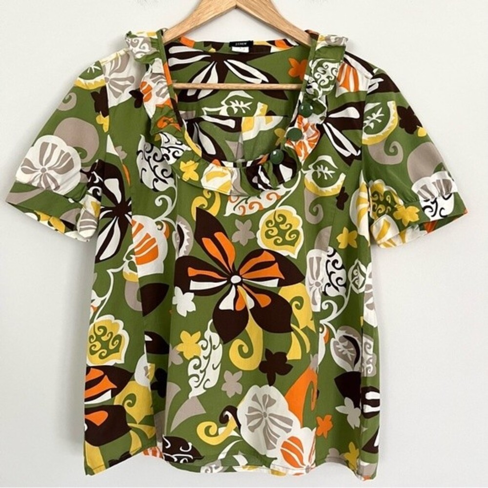 J. Crew Tropical Print Short Sleeve Ruffle Neck Blouse, Size 4